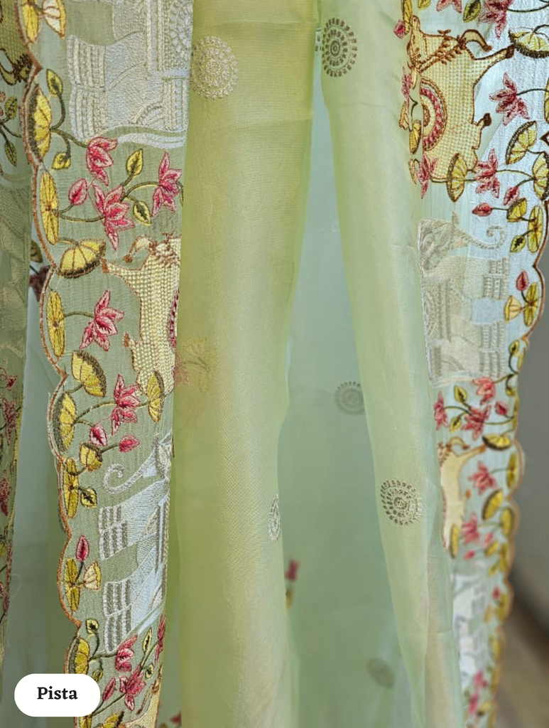 Zynah Pure Organza Silk Sarees With Elephant Pichwai Embroidery & Scallop Border; Custom Stitched/Ready-made Blouse, Fall, Petticoat; SKU: 0401202410