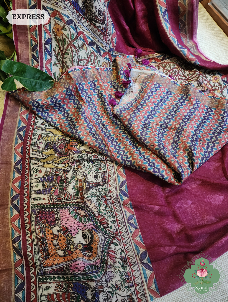 Plum Organic Linen Saree With Madhubani Print 10