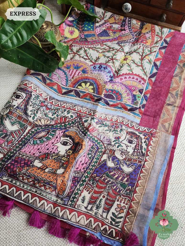 Zynah Plum Organic Linen Saree With Madhubani Print; Custom Stitched/Ready-made Blouse, Fall, Petticoat; SKU: 2705202404