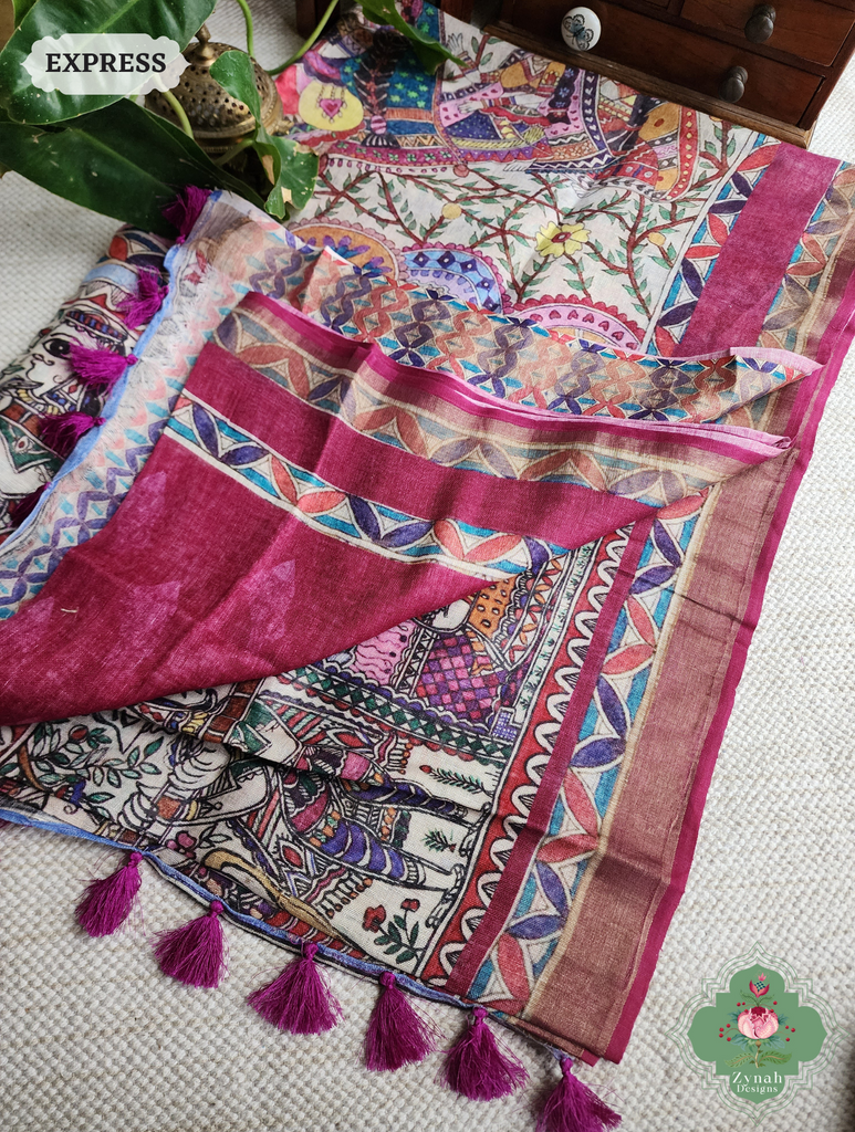 Plum Organic Linen Saree With Madhubani Print 11Plum Organic Linen Saree With Madhubani Print 12