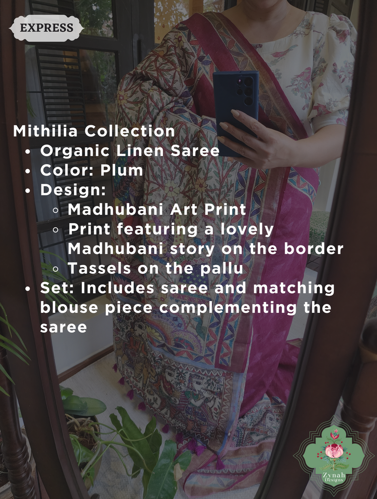 Plum Organic Linen Saree With Madhubani Print 2