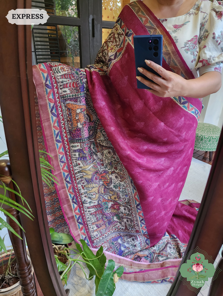 Plum Organic Linen Saree With Madhubani Print 3