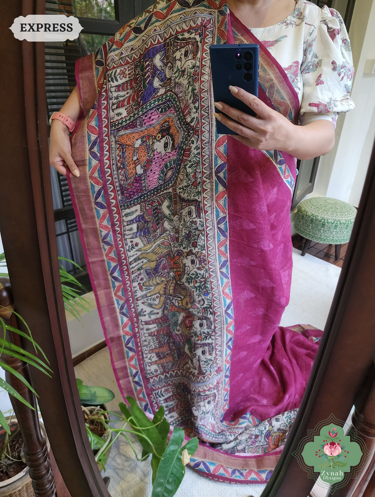 Plum Organic Linen Saree With Madhubani Print 4