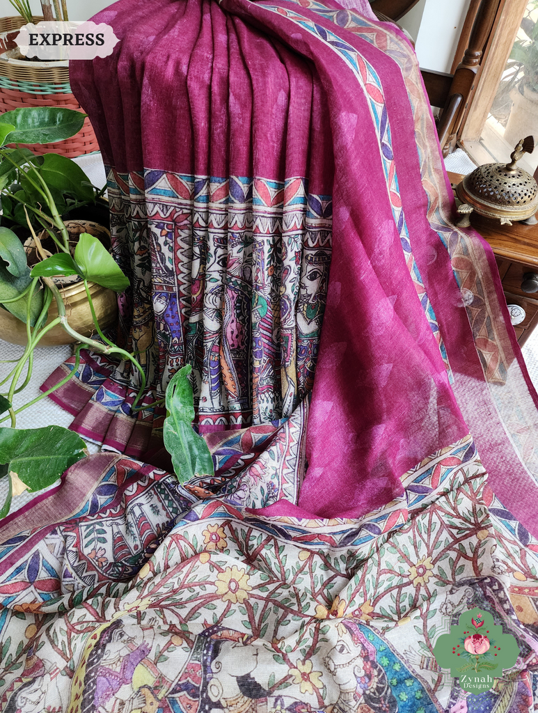 Plum Organic Linen Saree With Madhubani Print 6