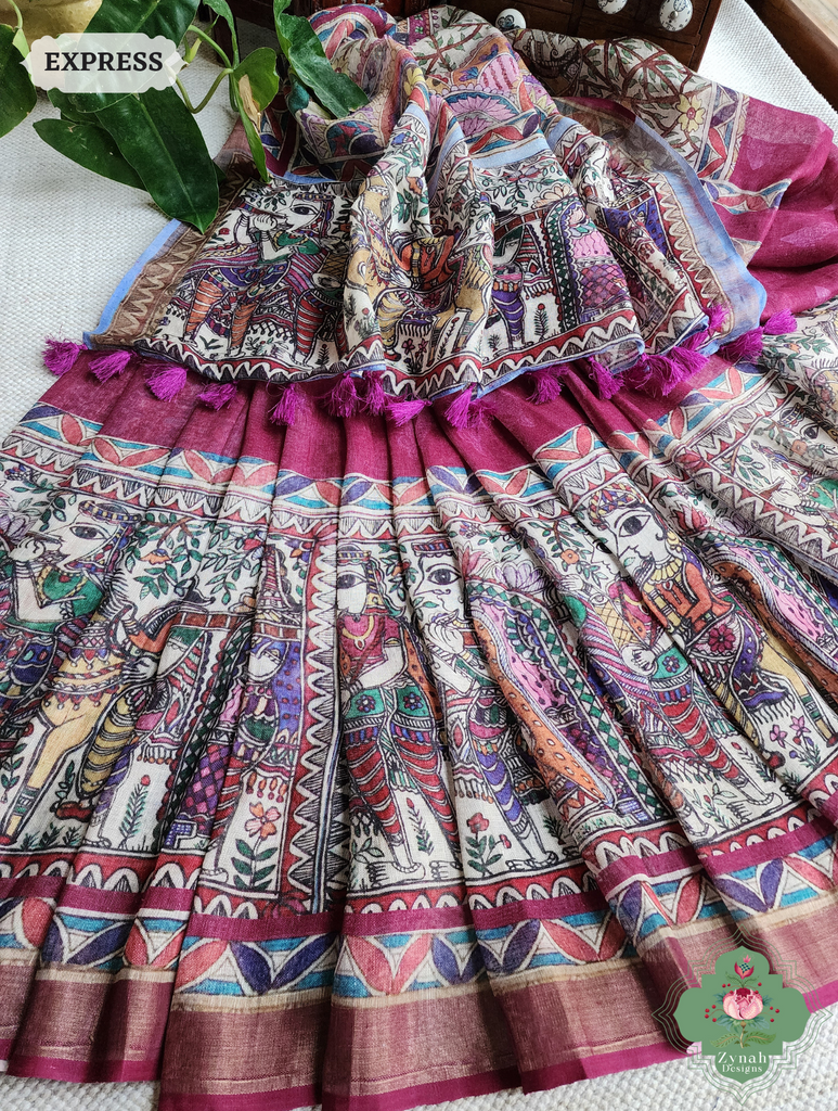 Plum Organic Linen Saree With Madhubani Print 7