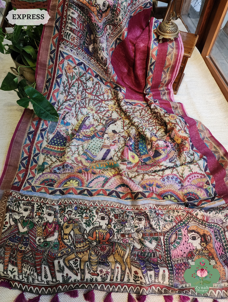 Plum Organic Linen Saree With Madhubani Print 8