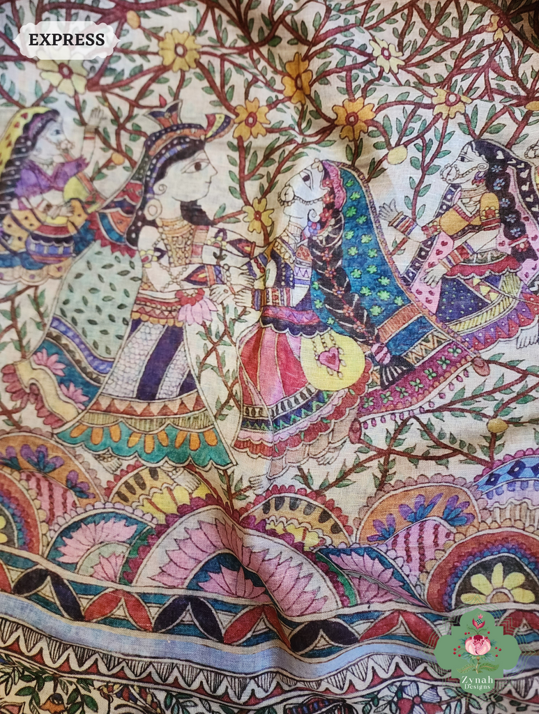 Plum Organic Linen Saree With Madhubani Print 9