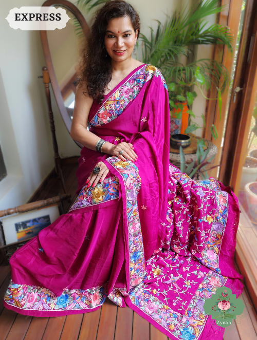 Zynah Plum Pure Crepe Parsi Gara Saree With Designer Gara Embroidery on Pallu ; Custom Stitched/Ready-made Blouse, Fall, Petticoat; SKU: 0106202304