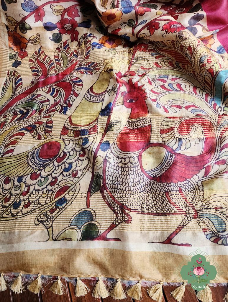 Plum Pure Tussar Silk Saree With Kalamkari Print 10