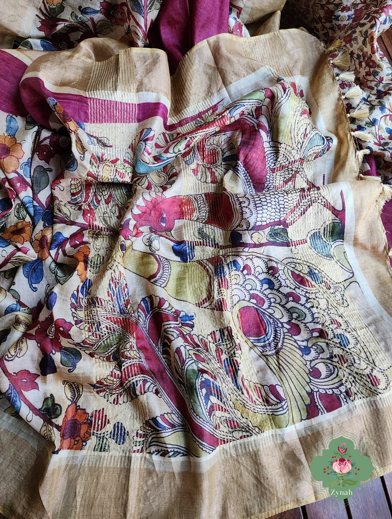 Plum Pure Tussar Silk Saree With Kalamkari Print 11