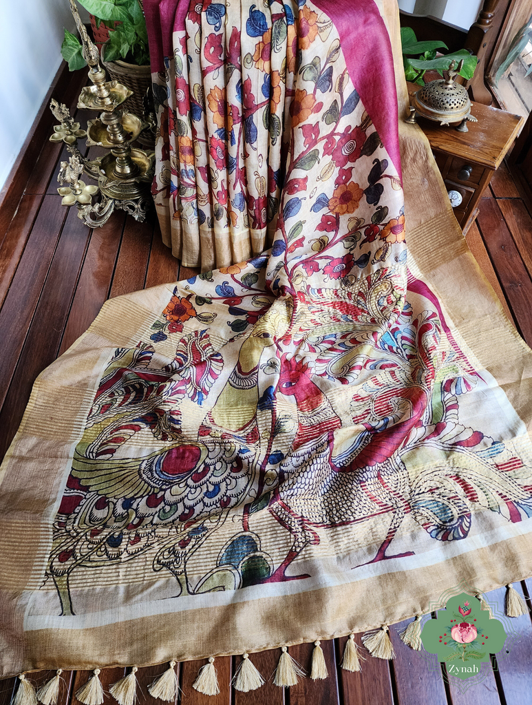Plum Pure Tussar Silk Saree With Kalamkari Print 1