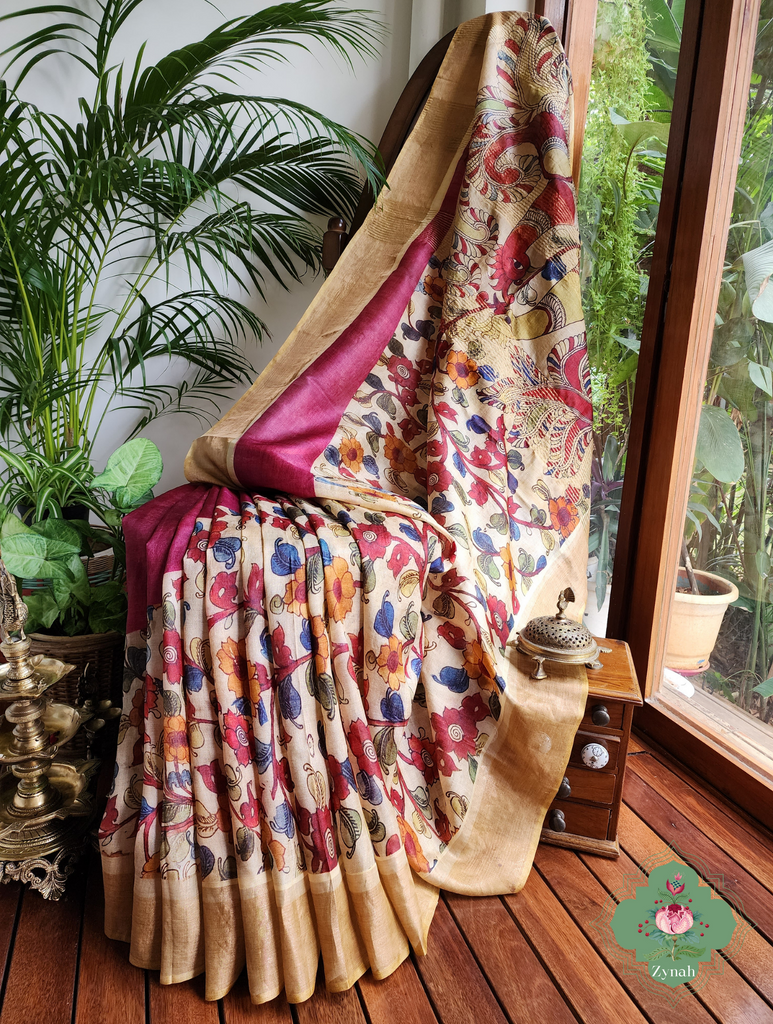 Plum Pure Tussar Silk Saree With Kalamkari Print 3