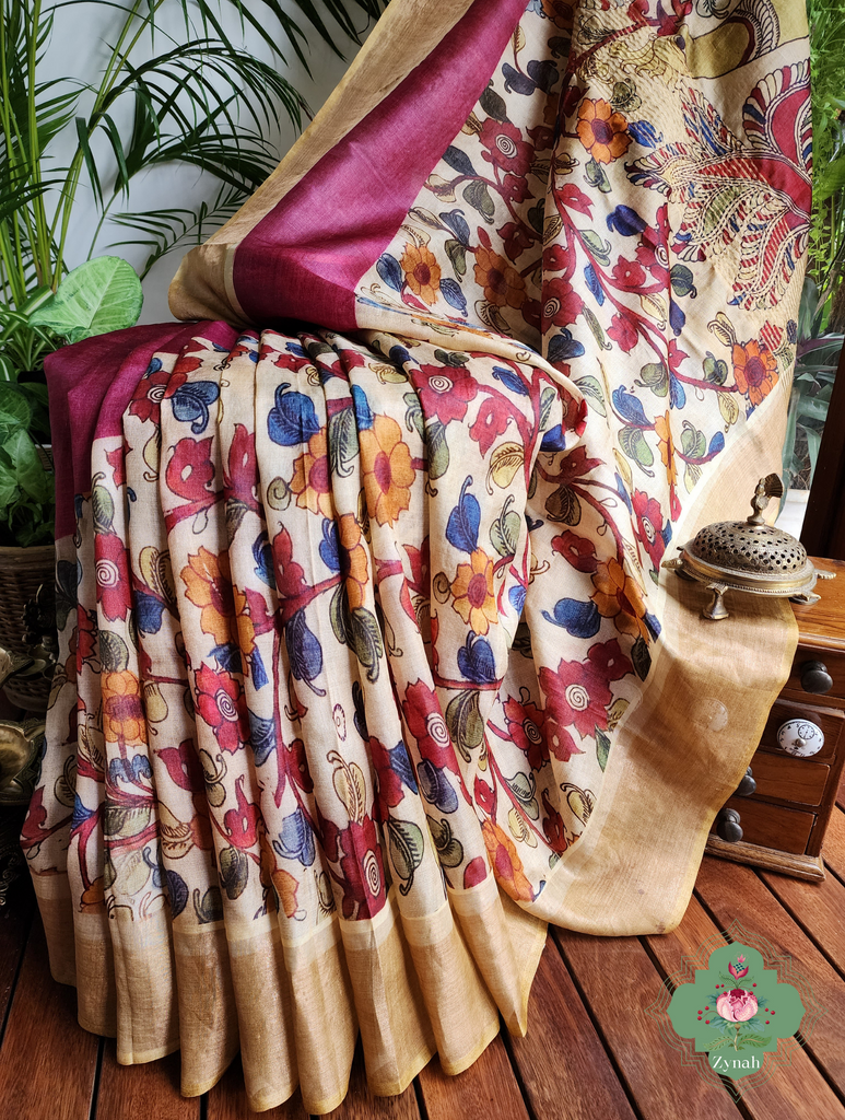 Plum Pure Tussar Silk Saree With Kalamkari Print 4