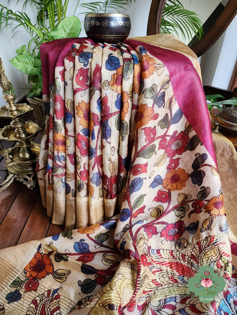 Plum Pure Tussar Silk Saree With Kalamkari Print 5
