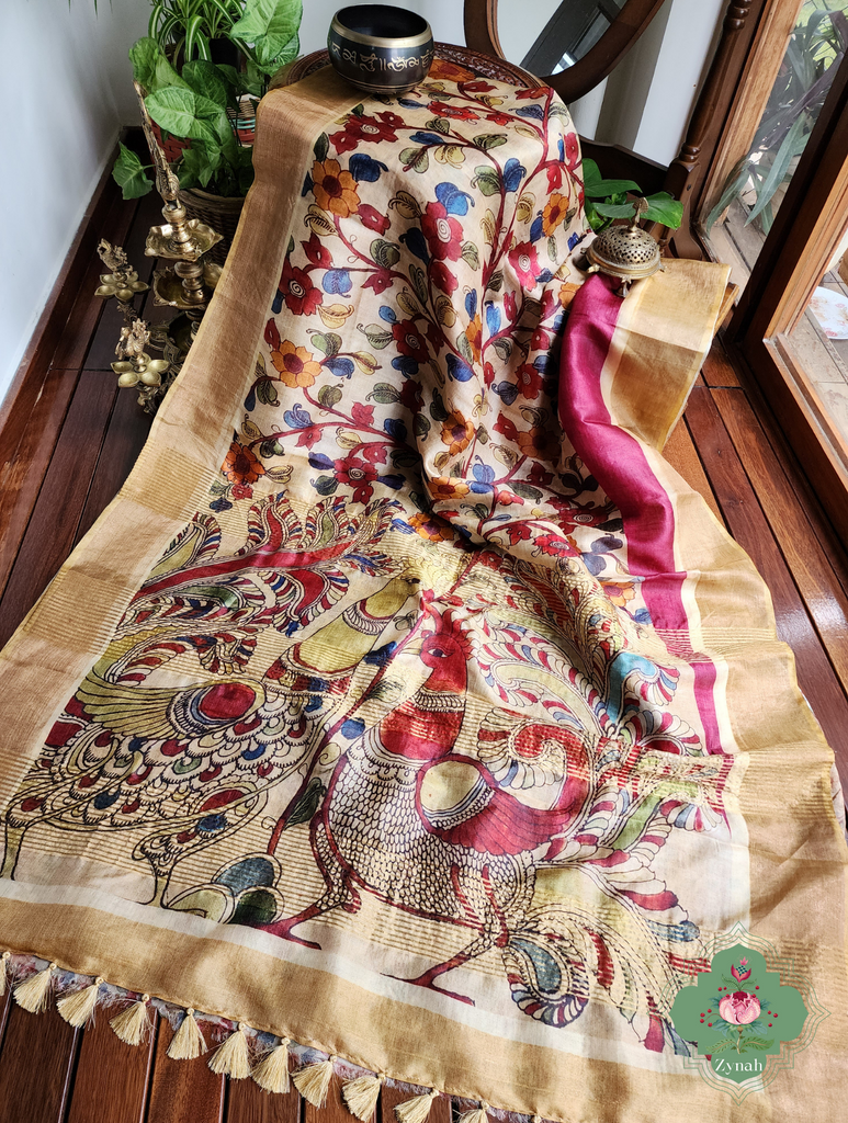 Plum Pure Tussar Silk Saree With Kalamkari Print 6
