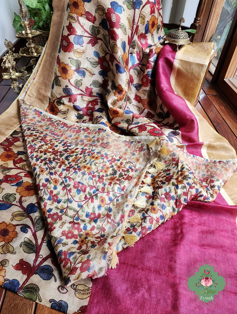 Plum Pure Tussar Silk Saree With Kalamkari Print 7