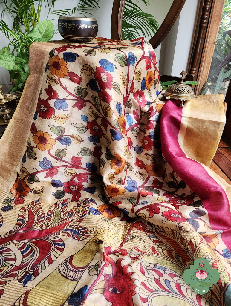 Plum Pure Tussar Silk Saree With Kalamkari Print 8Plum Pure Tussar Silk Saree With Kalamkari Print 8