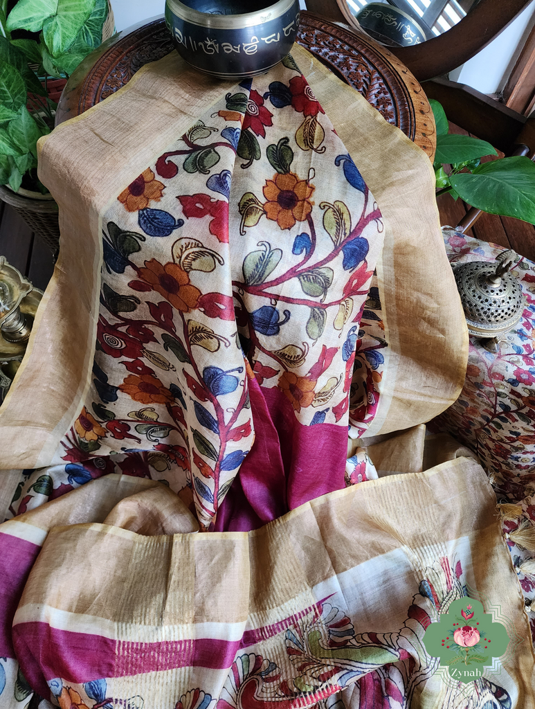 Plum Pure Tussar Silk Saree With Kalamkari Print 9