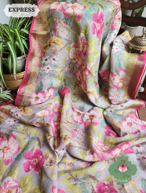 Zynah Powder Blue Bold Floral Linen Saree; Custom Stitched/Ready-made Blouse, Fall, Petticoat; SKU: 2504202304