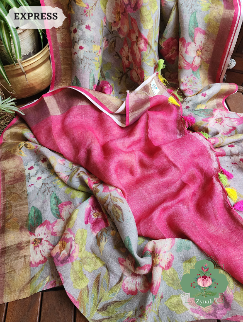 Zynah Powder Blue Bold Floral Linen Saree; Custom Stitched/Ready-made Blouse, Fall, Petticoat; SKU: 2504202304