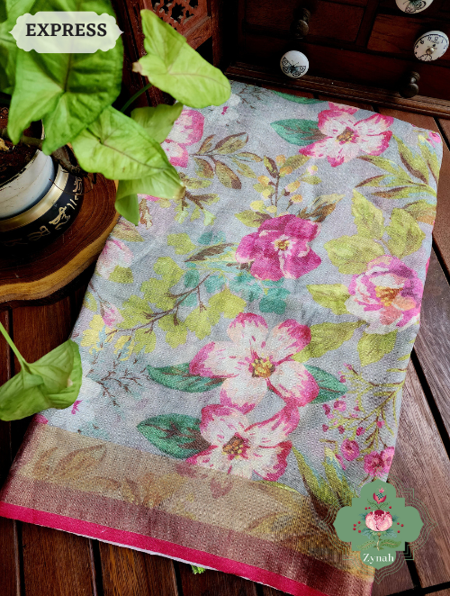 Zynah Powder Blue Bold Floral Linen Saree; Custom Stitched/Ready-made Blouse, Fall, Petticoat; SKU: 2504202304