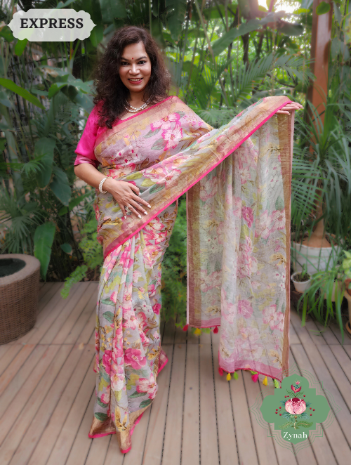 Zynah Powder Blue Bold Floral Linen Saree; Custom Stitched/Ready-made Blouse, Fall, Petticoat; SKU: 2504202304