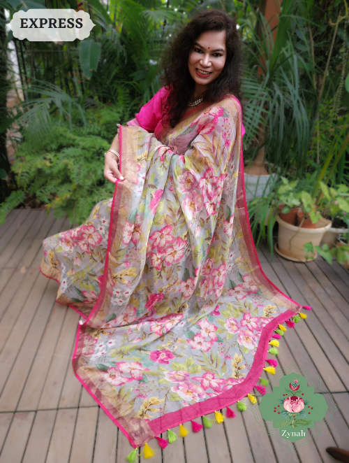 Zynah Powder Blue Bold Floral Linen Saree; Custom Stitched/Ready-made Blouse, Fall, Petticoat; SKU: 2504202304