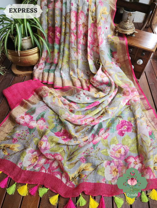 Zynah Powder Blue Bold Floral Linen Saree; Custom Stitched/Ready-made Blouse, Fall, Petticoat; SKU: 2504202304