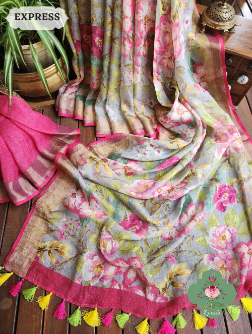 Zynah Powder Blue Bold Floral Linen Saree; Custom Stitched/Ready-made Blouse, Fall, Petticoat; SKU: 2504202304