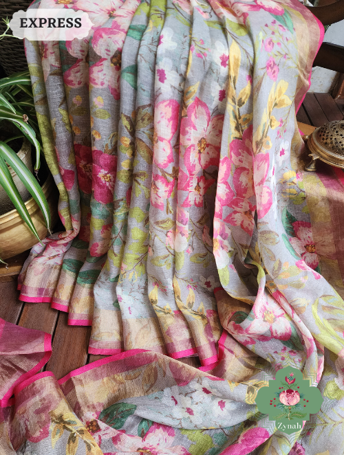 Zynah Powder Blue Bold Floral Linen Saree; Custom Stitched/Ready-made Blouse, Fall, Petticoat; SKU: 2504202304