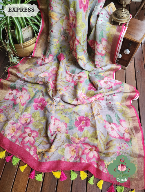 Zynah Powder Blue Bold Floral Linen Saree; Custom Stitched/Ready-made Blouse, Fall, Petticoat; SKU: 2504202304