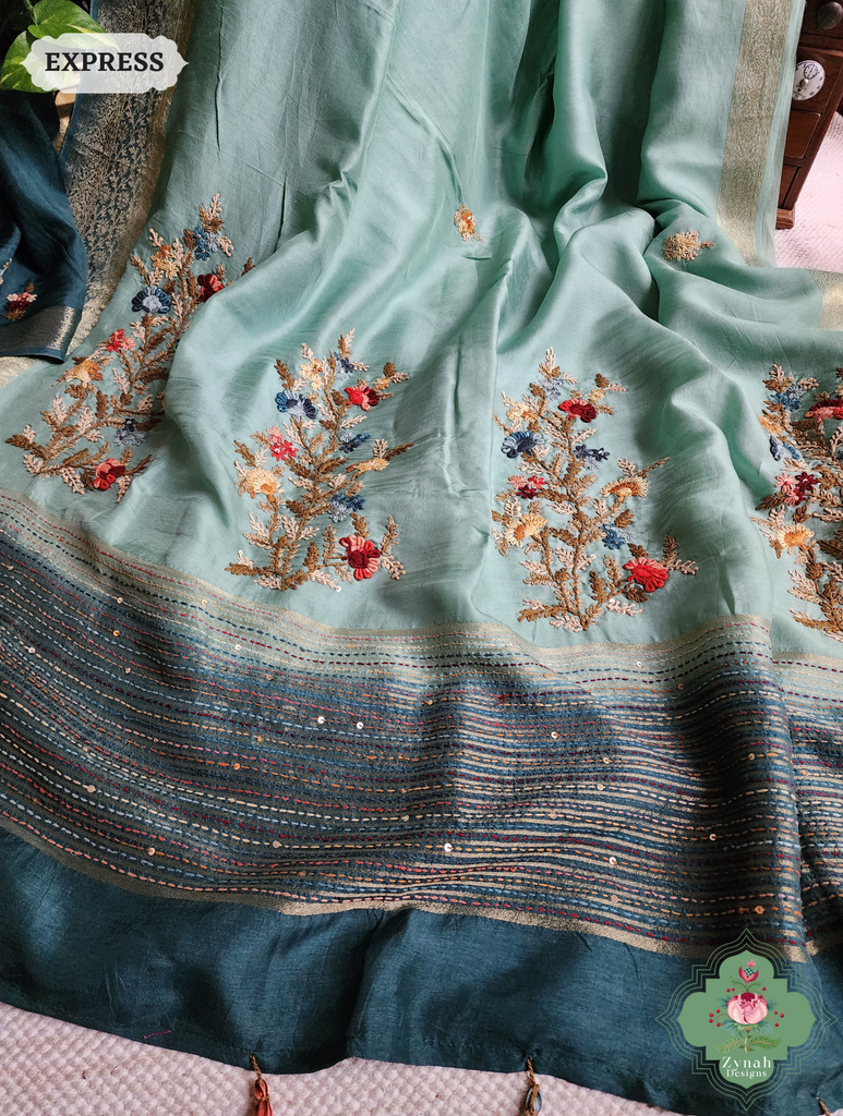 Zynah Powder Blue Munga Silk Saree With Zari Border,French Knot & Kantha Hand Embroidery; Custom Stitched/Ready-made Blouse, Fall, Petticoat; SKU: 1111202401