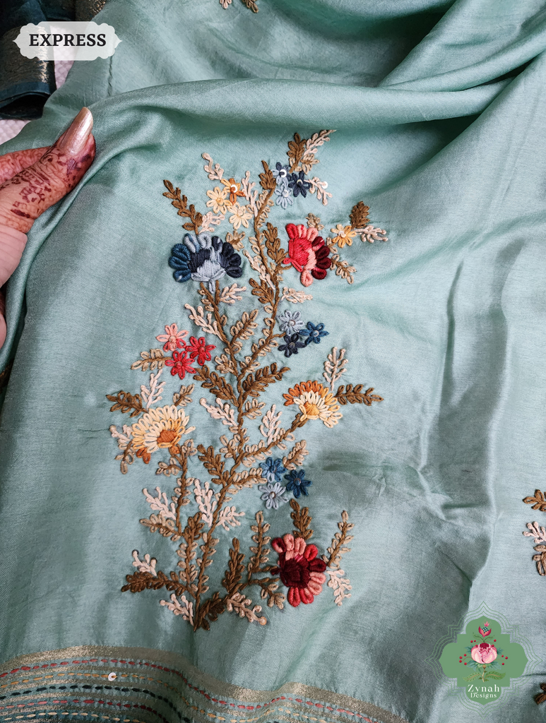 Zynah Powder Blue Munga Silk Saree With Zari Border,French Knot & Kantha Hand Embroidery; Custom Stitched/Ready-made Blouse, Fall, Petticoat; SKU: 1111202401