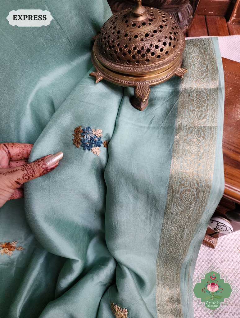 Zynah Powder Blue Munga Silk Saree With Zari Border,French Knot & Kantha Hand Embroidery; Custom Stitched/Ready-made Blouse, Fall, Petticoat; SKU: 1111202401