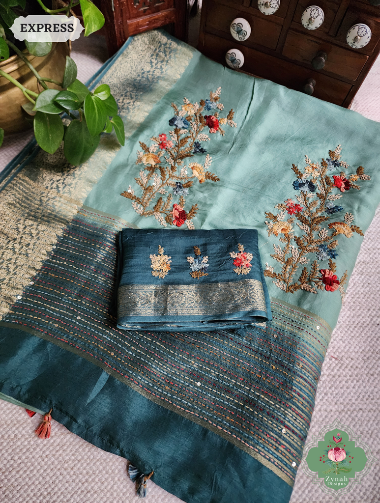 Zynah Powder Blue Munga Silk Saree With Zari Border,French Knot & Kantha Hand Embroidery; Custom Stitched/Ready-made Blouse, Fall, Petticoat; SKU: 1111202401