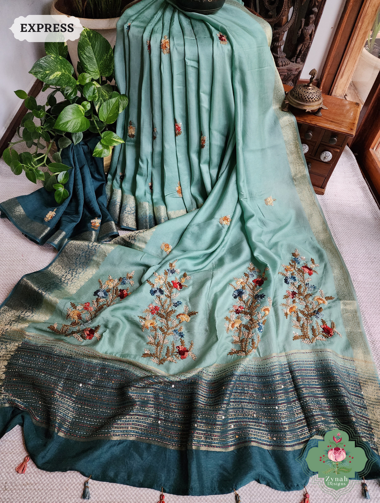 Zynah Powder Blue Munga Silk Saree With Zari Border,French Knot & Kantha Hand Embroidery; Custom Stitched/Ready-made Blouse, Fall, Petticoat; SKU: 1111202401