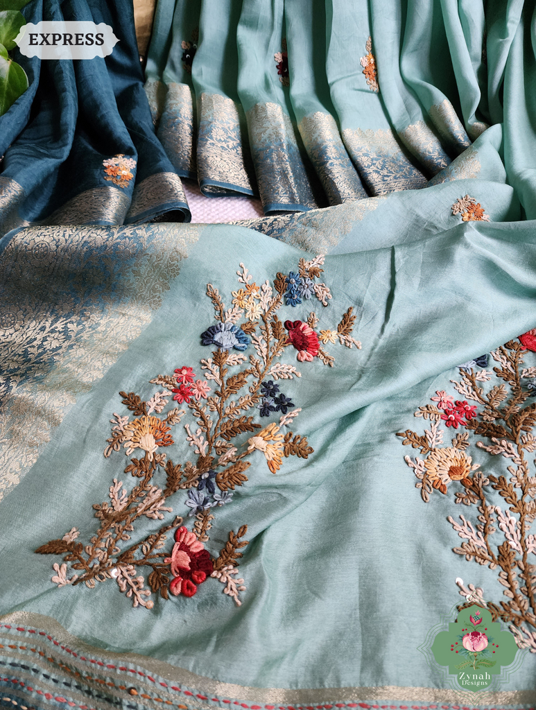 Zynah Powder Blue Munga Silk Saree With Zari Border,French Knot & Kantha Hand Embroidery; Custom Stitched/Ready-made Blouse, Fall, Petticoat; SKU: 1111202401