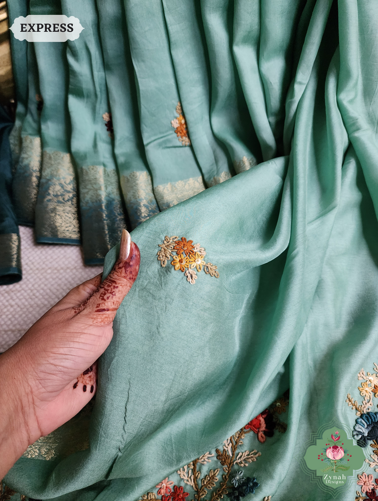 Zynah Powder Blue Munga Silk Saree With Zari Border,French Knot & Kantha Hand Embroidery; Custom Stitched/Ready-made Blouse, Fall, Petticoat; SKU: 1111202401