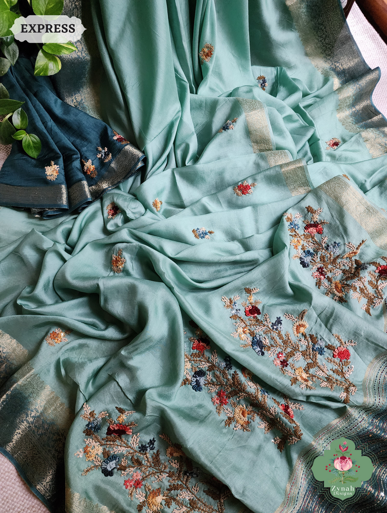 Zynah Powder Blue Munga Silk Saree With Zari Border,French Knot & Kantha Hand Embroidery; Custom Stitched/Ready-made Blouse, Fall, Petticoat; SKU: 1111202401