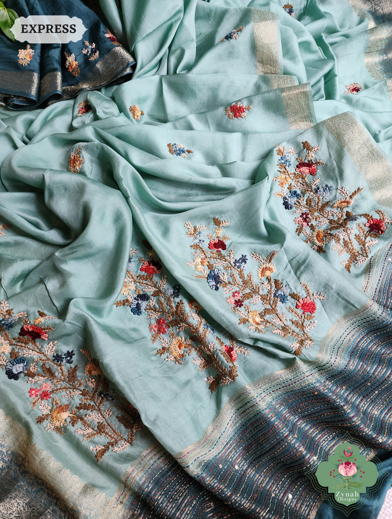 Zynah Powder Blue Munga Silk Saree With Zari Border,French Knot & Kantha Hand Embroidery; Custom Stitched/Ready-made Blouse, Fall, Petticoat; SKU: 1111202401