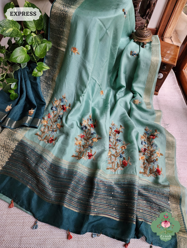 Zynah Powder Blue Munga Silk Saree With Zari Border,French Knot & Kantha Hand Embroidery; Custom Stitched/Ready-made Blouse, Fall, Petticoat; SKU: 1111202401