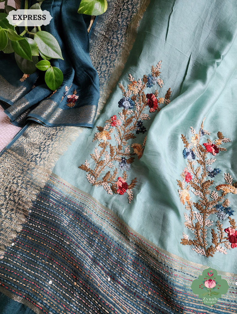 Zynah Powder Blue Munga Silk Saree With Zari Border,French Knot & Kantha Hand Embroidery; Custom Stitched/Ready-made Blouse, Fall, Petticoat; SKU: 1111202401