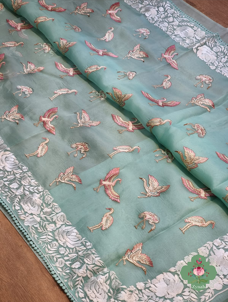 Powder Blue Pure Organza Silk Saree With Parsi Embroidery Border & All Over Embroidered Flamingoes 3