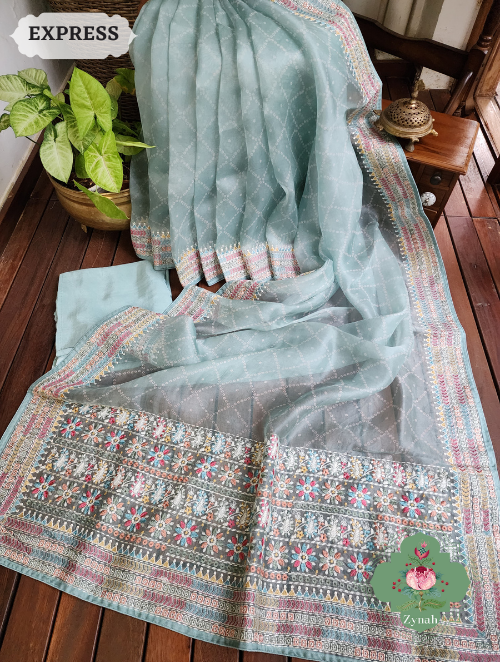 Zynah Powder Blue Organza Silk Saree With Bandhani Prints & Multi-coloured Embroidery On Pallu And Border; Custom Stitched/Ready-made Blouse, Fall, Petticoat; SKU: 1905202301