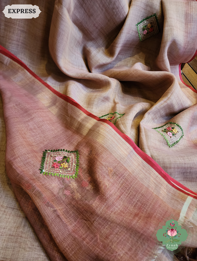 Zynah Powder Pink Linen Tissue Saree Adorned With French-knot & Kantha Hand Embroidery; Custom Stitched/Ready-made Blouse, Fall, Petticoat; SKU: 1903202504