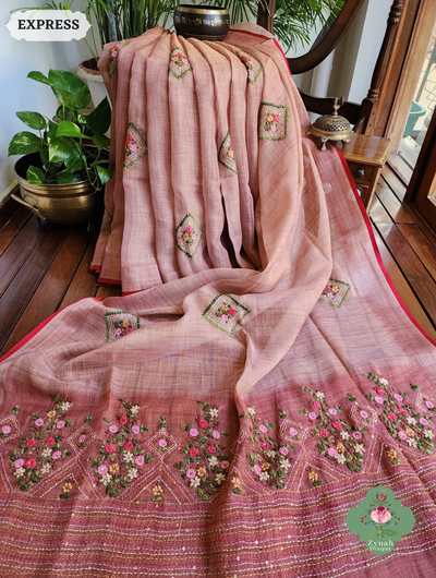 Zynah Powder Pink Linen Tissue Saree Adorned With French-knot & Kantha Hand Embroidery; Custom Stitched/Ready-made Blouse, Fall, Petticoat; SKU: 1903202504