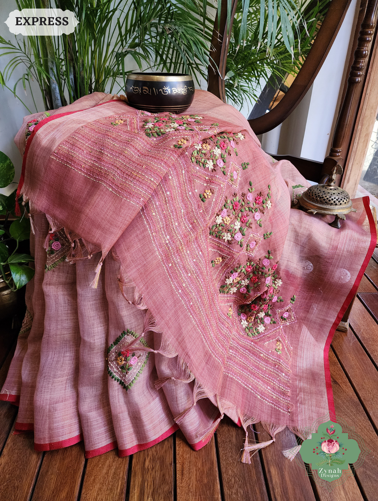 Zynah Powder Pink Linen Tissue Saree Adorned With French-knot & Kantha Hand Embroidery; Custom Stitched/Ready-made Blouse, Fall, Petticoat; SKU: 1903202504
