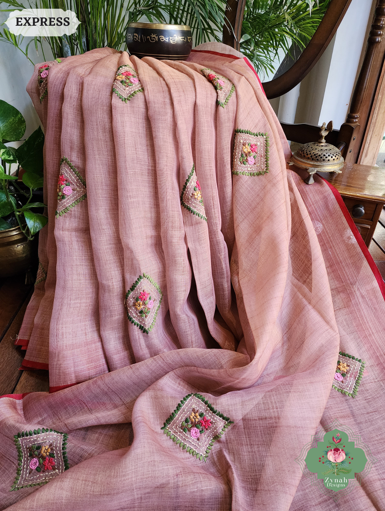 Zynah Powder Pink Linen Tissue Saree Adorned With French-knot & Kantha Hand Embroidery; Custom Stitched/Ready-made Blouse, Fall, Petticoat; SKU: 1903202504