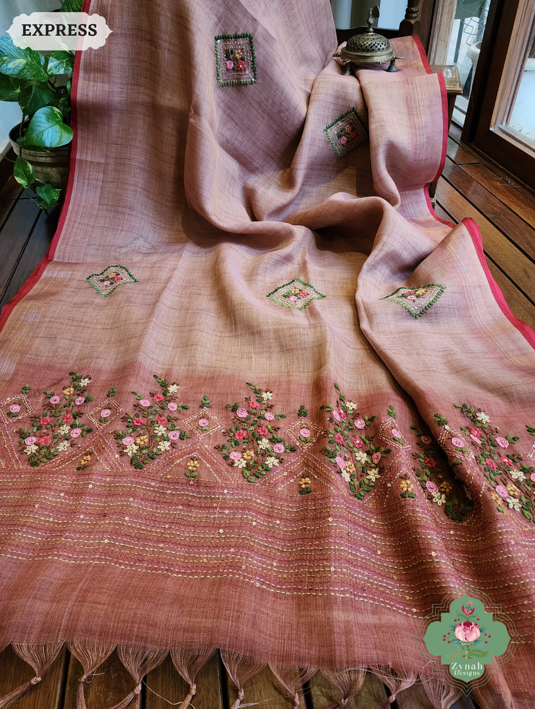 Zynah Powder Pink Linen Tissue Saree Adorned With French-knot & Kantha Hand Embroidery; Custom Stitched/Ready-made Blouse, Fall, Petticoat; SKU: 1903202504
