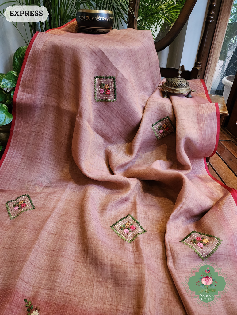 Zynah Powder Pink Linen Tissue Saree Adorned With French-knot & Kantha Hand Embroidery; Custom Stitched/Ready-made Blouse, Fall, Petticoat; SKU: 1903202504